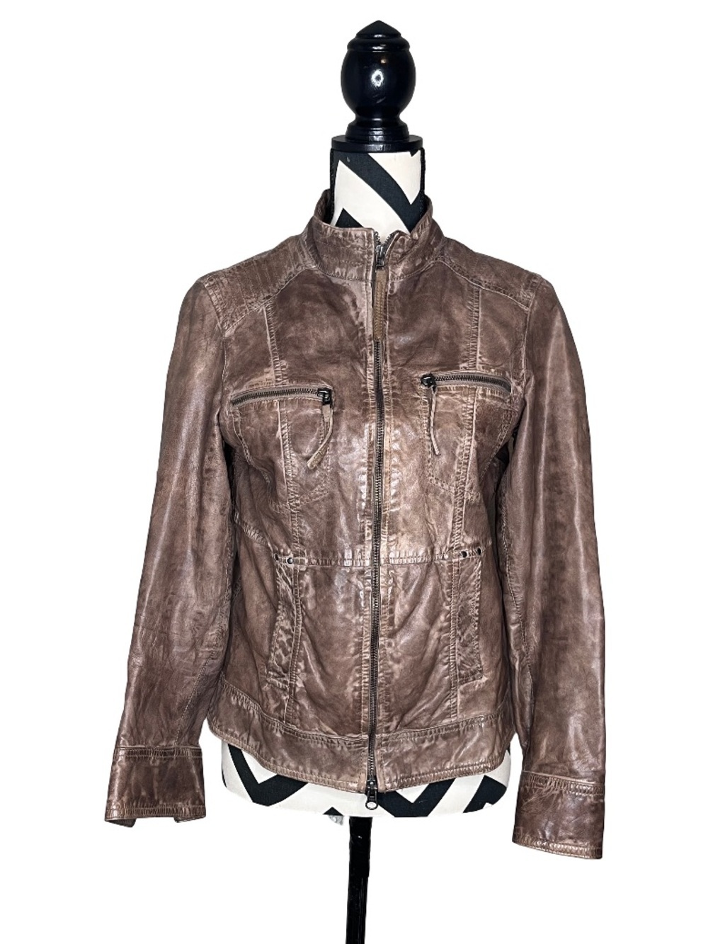 Vintage Y2K Sz S Distressed 100% Lamb Nappa Leather Full Zip Moto Jacket